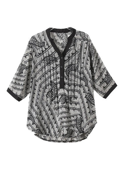 Loose V-Neck Printed Buttoned Real Top Half Sleeve