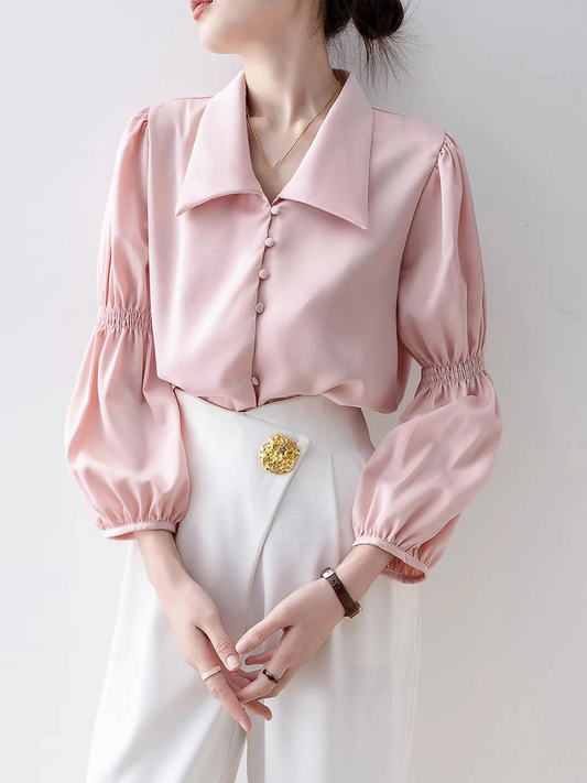 Elegant Lantern Sleeve Long Sleeve Lapel Blouse Top