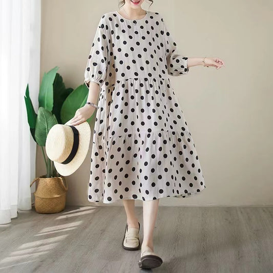 Casual Round Neck Black Polka Dot Short Sleeve A-Line Dress