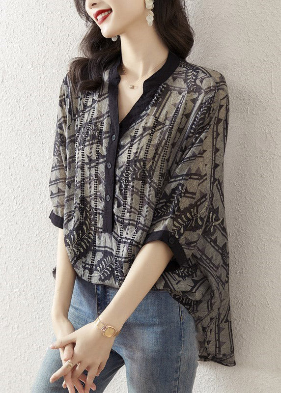 Loose V-Neck Printed Buttoned Real Top Half Sleeve