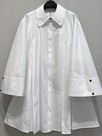 Women's White Lapel Buttoned Long Sleeve Pleated Hem Dress Spring