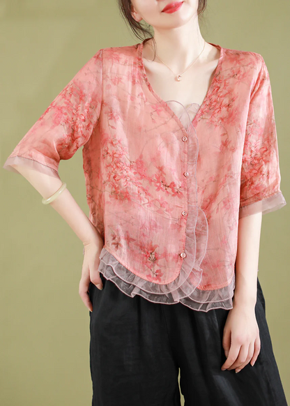 Fashion Ruffle Button Patchwork Linen Shirt