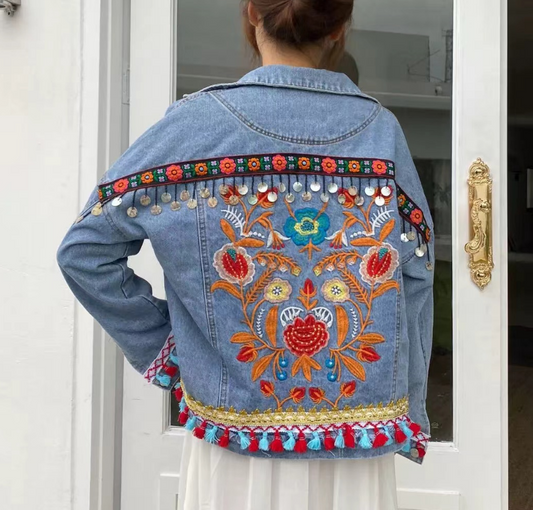 Loose Floral Embroidery Beaded Fringe Denim Jacket