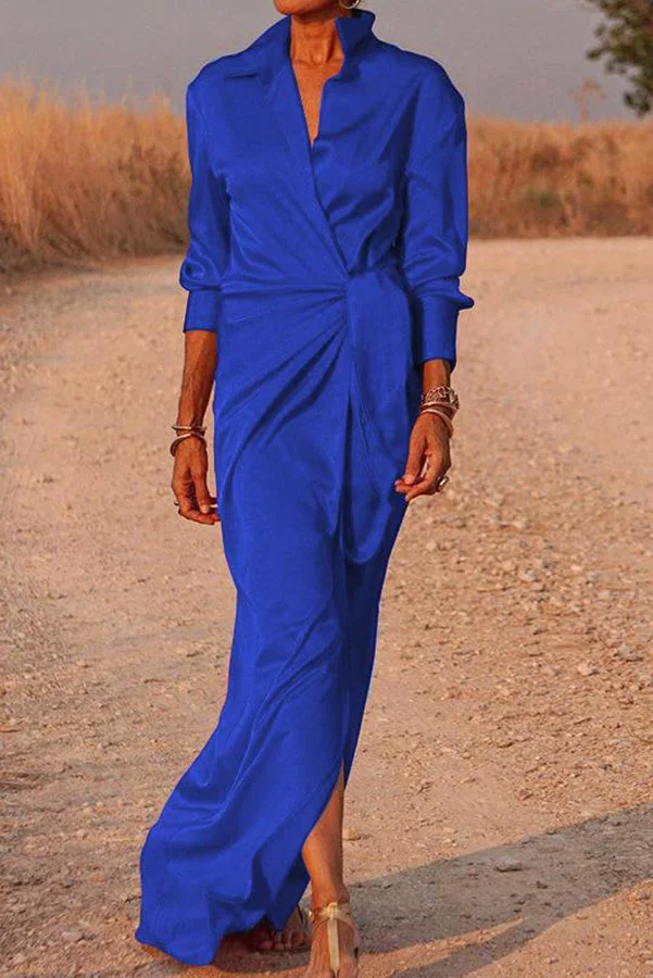 Satin Wrap Shirt Long Sleeve Maxi Dress