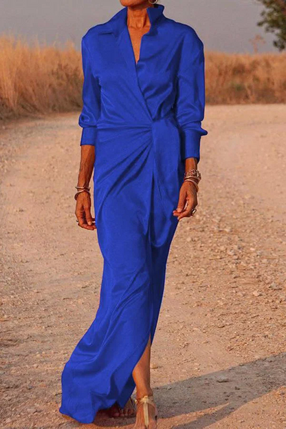 Satin Wrap Shirt Long Sleeve Maxi Dress