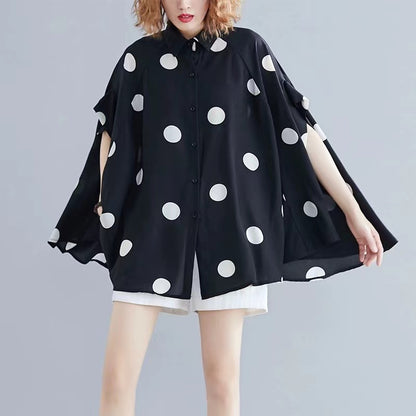 Plus Size Lapel Black White Polka Dot Printed Bat Sleeve Shirt Top