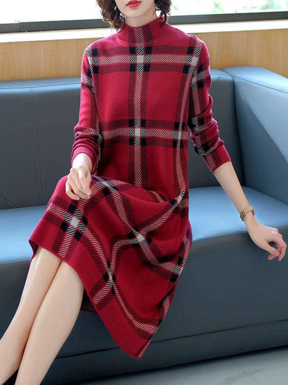 Fashion Red High Neck Plaid Cashmere Knit Sweater Midi Dresses