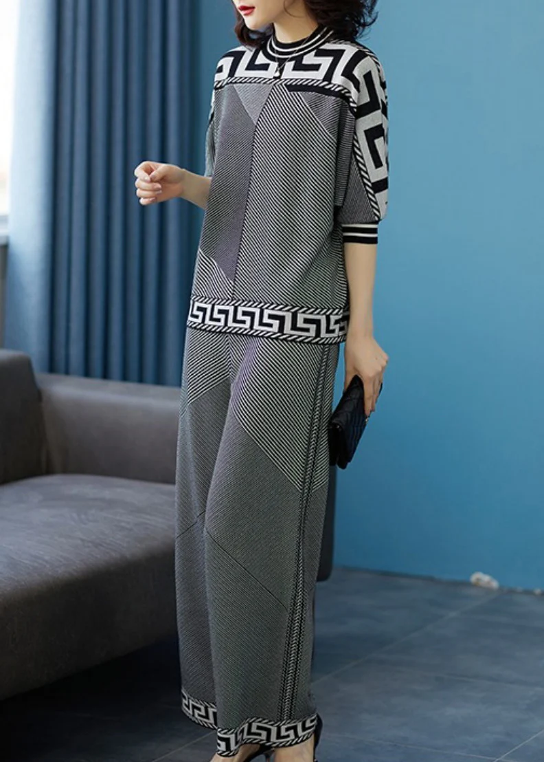 Women's Gray Top and Pants Striped Knit Two-Piece Set Spring