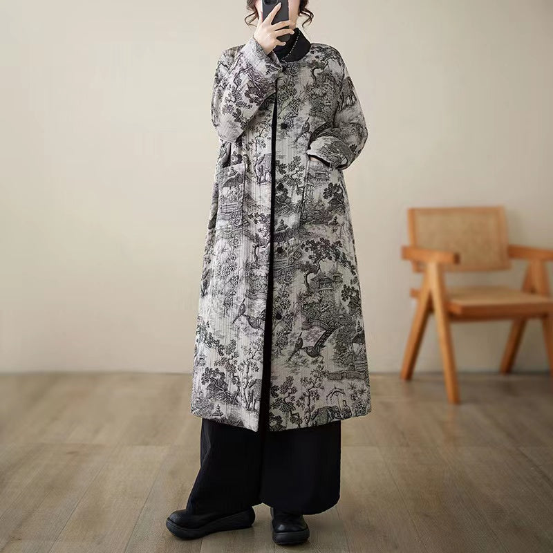 Vintage large silhouette print fine cotton padding long coat