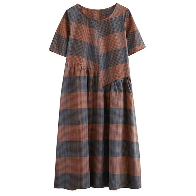 Fashion O Neck Plaid Long Dress Cotton Linen