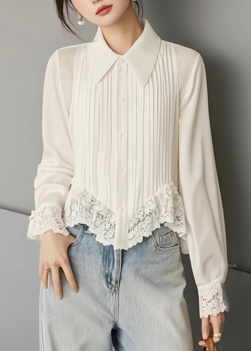 Women's Lapel Lace Cardigan Long Sleeve Shirt Spring