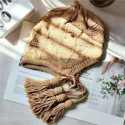 Fashion khaki tassel pigtail knit fall and winter hat