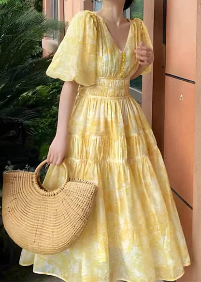 Italian Bohemian Yellow V Neck Printed Long Dress Summer