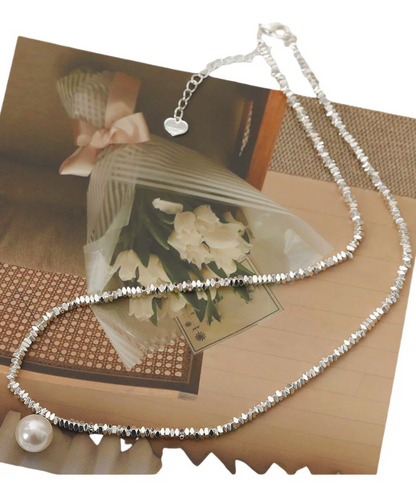 Italian Sterling Silver Pearl Crushed Silver Pendant Necklace