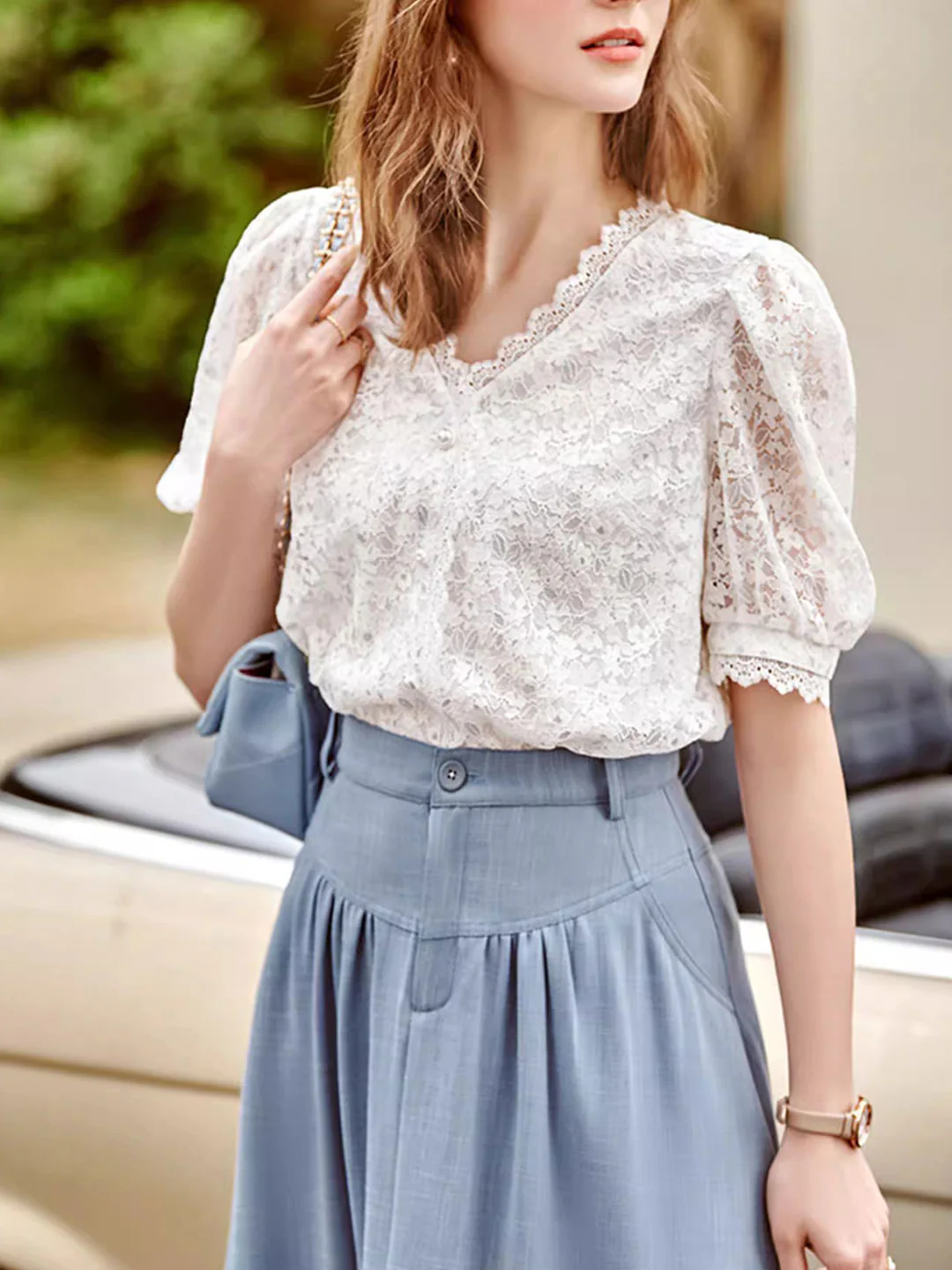 Elegant V-Neck Hollow Out Patchwork Short Sleeve Shirt Top