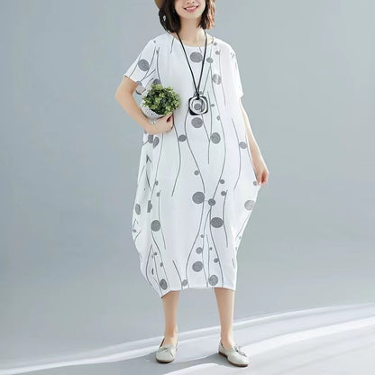 Casual Printed Cotton Linen Tunic Waist Peplum Short Sleeve Dress