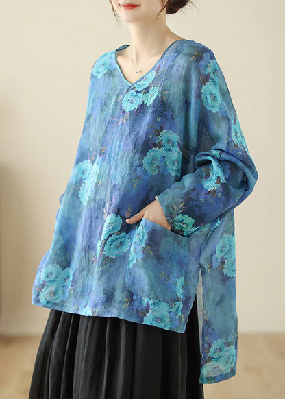 Chinese Blue Plus Size Flower Linen Shirt Long Sleeve Blouse Spring