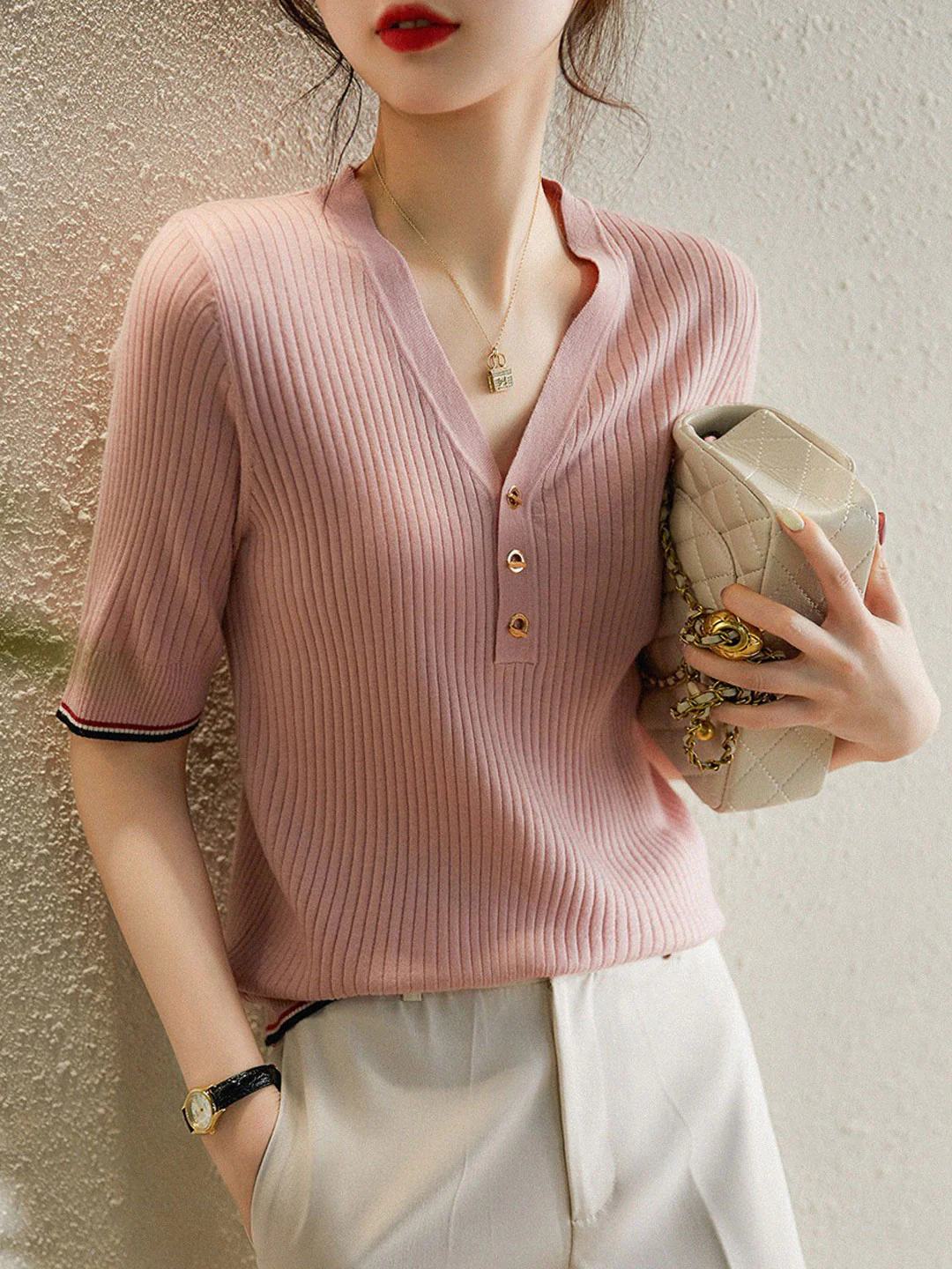 French V-Neck Striped Knit Shirt Short Sleeve Top