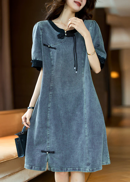 Elegant Round Neck Button Patchwork Denim Short Sleeve Dress