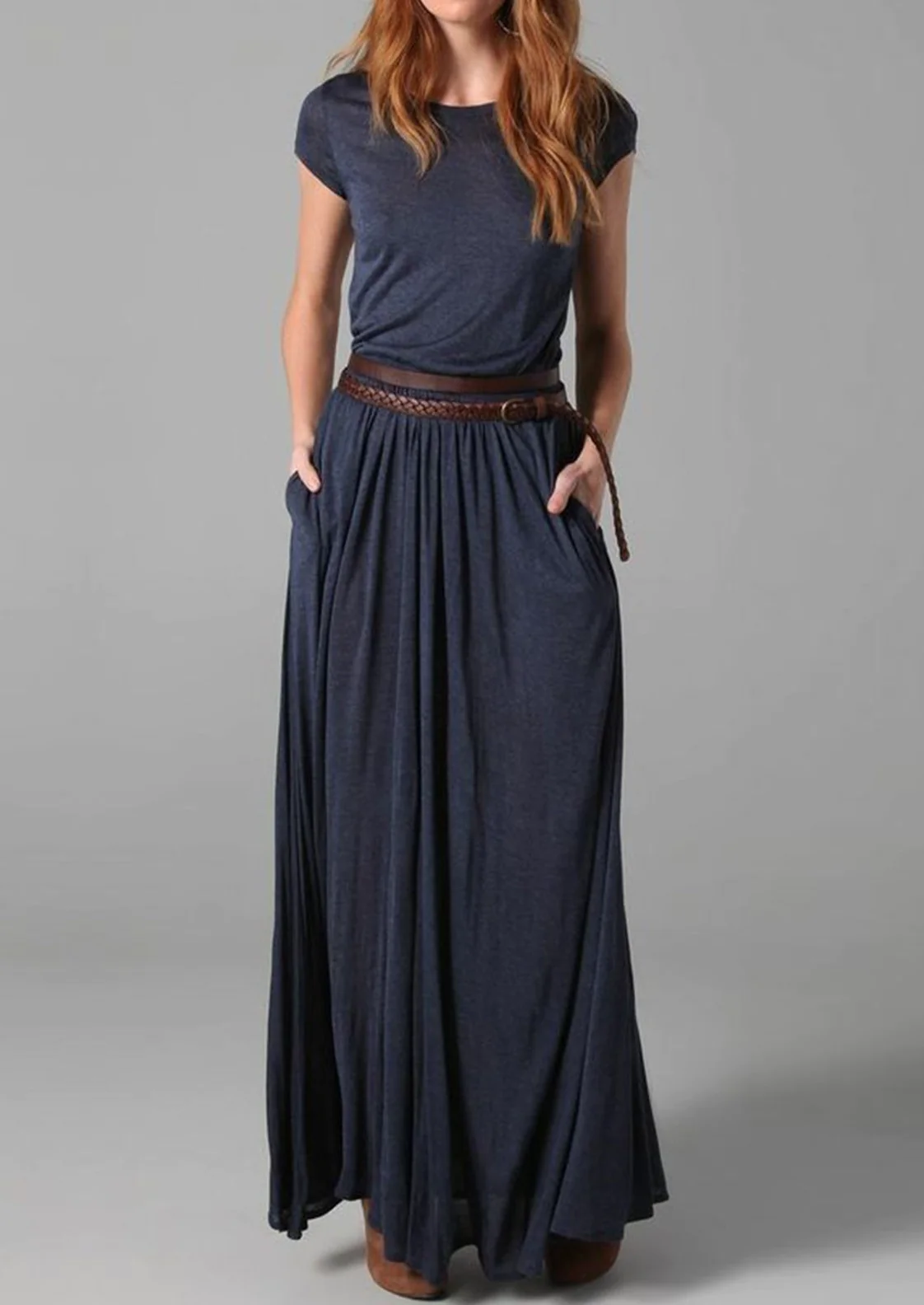 Women's Elegant Solid Color Round Neck Long Dresses