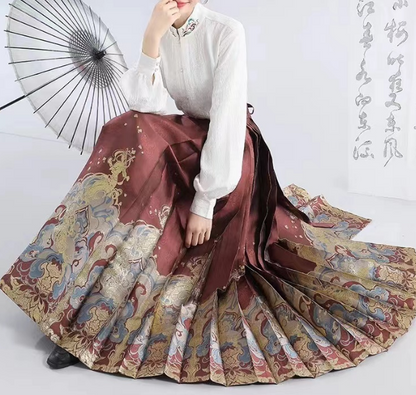 Elegant Vintage Pleated Dragon Print Tie Skirt