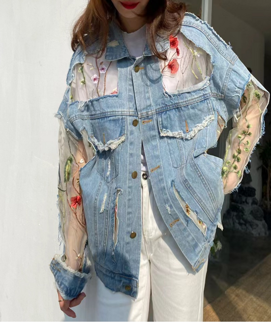 Fashion Embroidery Flower Patchwork Thin Mesh Sun Screen Denim Jacket