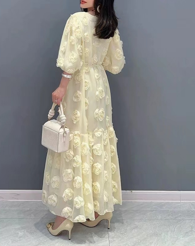 French Rose Floral V-Neck Bubble Short Sleeve Long Dress