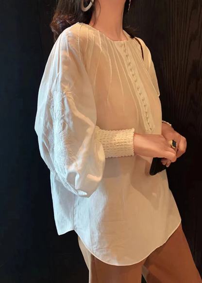 Women's White Embroidered Button Cotton Shirt Lantern Sleeve Spring