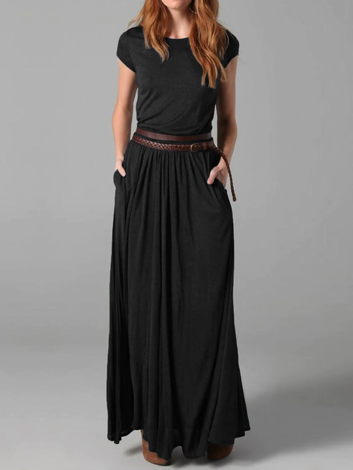 Women's Elegant Solid Color Round Neck Long Dresses