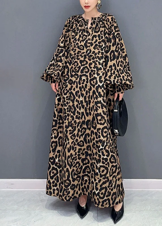 Elegant Loose Leopard Print O-Neck Dress Long Sleeve