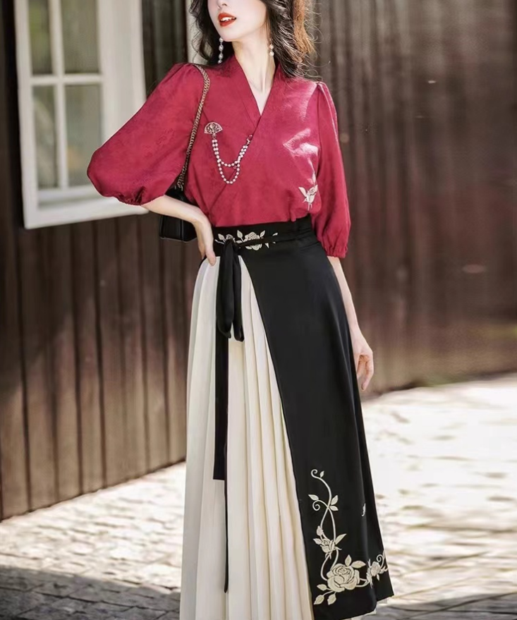 Elegant Embroidered Patchwork Asymmetrical Two-Piece Set