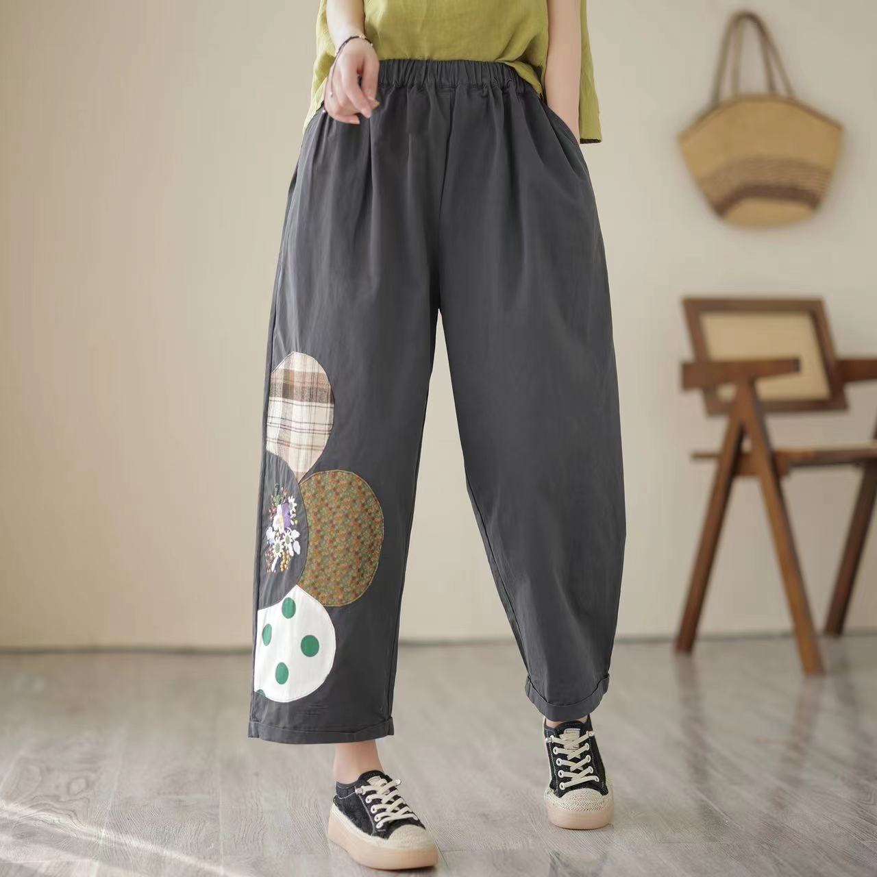 Casual Embroidered Patch Wide Leg Pants