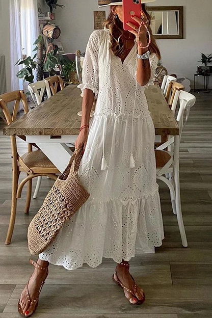 Fashion Lace Fringe Layered Ultra Cotton Long Dresses