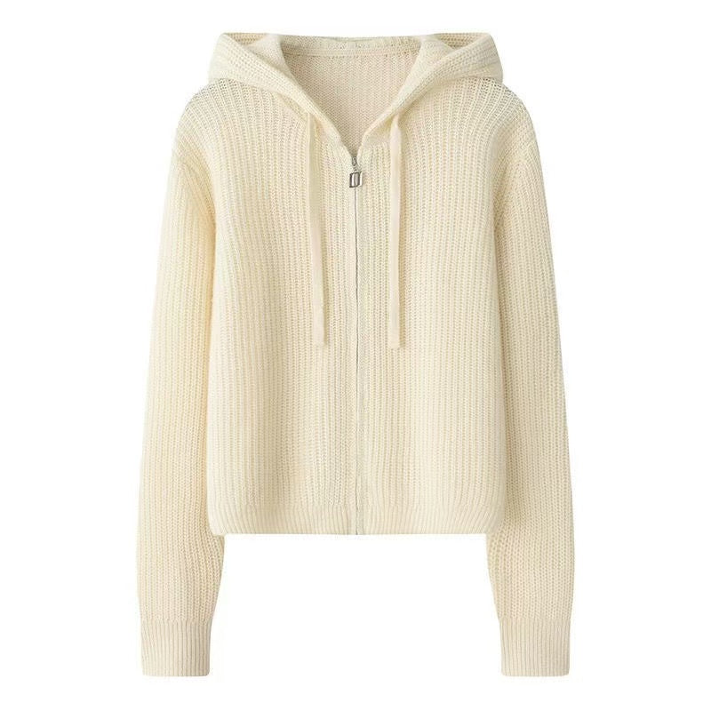 Stylish White Hooded Zip Knit Sweater