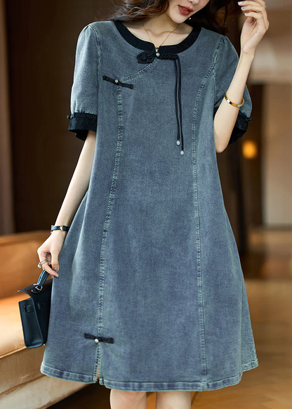 Elegant Round Neck Button Patchwork Denim Short Sleeve Dress