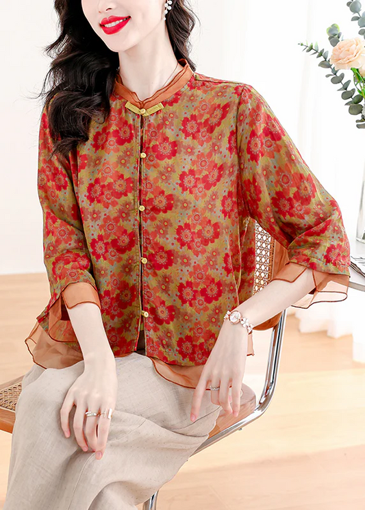 Elegant Standing Collar Printed Patchwork Linen Shirt Top