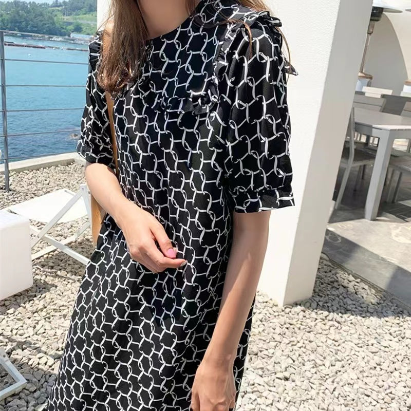 Women's Printed Ruffle Short Sleeve Shirt Dresses