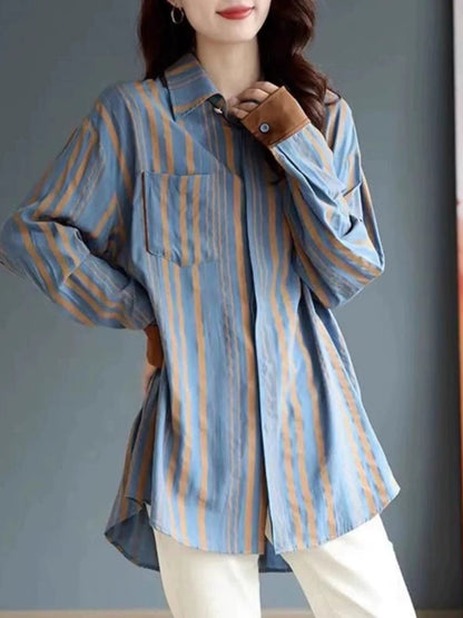 Casual Lapel Striped Color Clash Long Sleeve Shirt Top