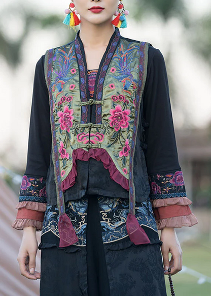 Vintage V-Neck Embroidered Floral Buttoned Satin Vest