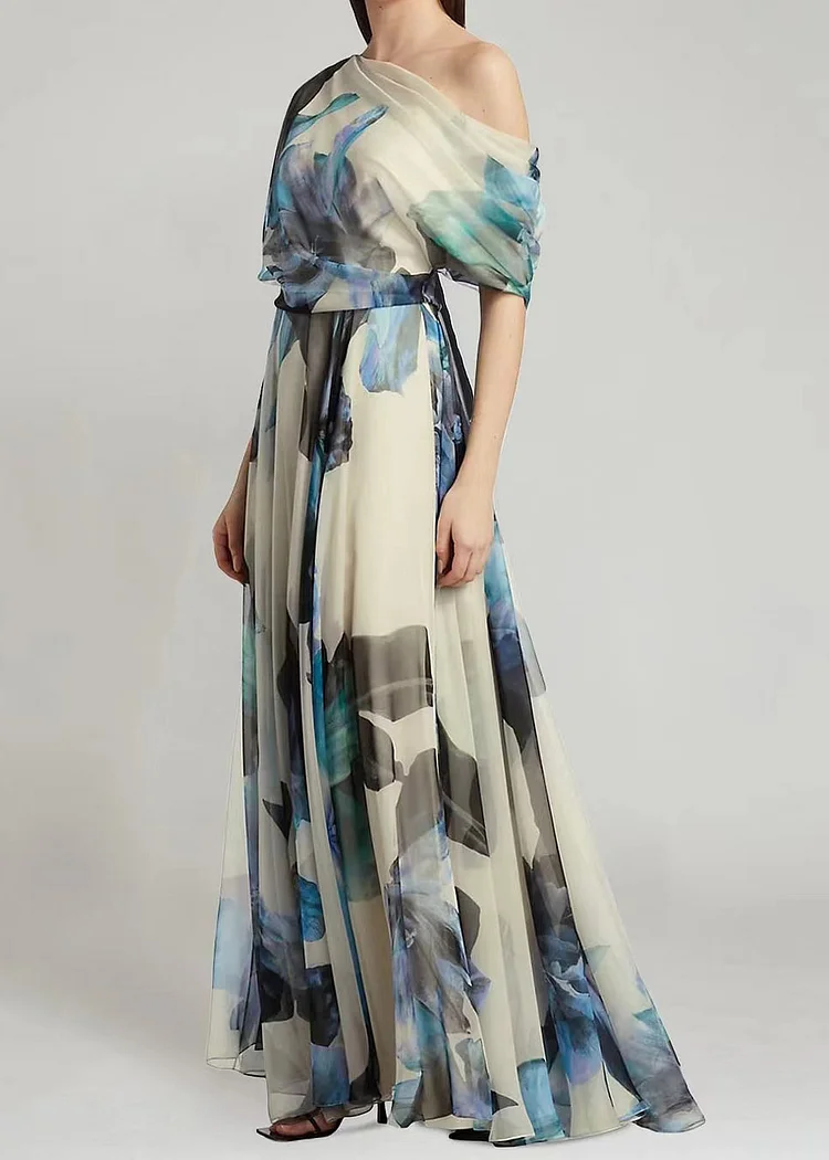 Elegant Asymmetric Printed Chiffon Long Dress