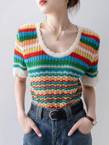 Elegant Rainbow Stripe Hollow Out Knit Short Sleeve Shirt Top