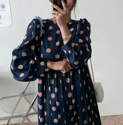 Women's Round Neck Long Sleeve Polka Dot Dresses