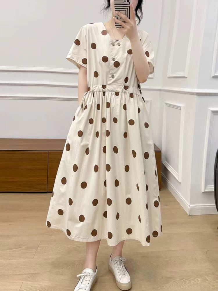 Women's Printed Dot Skinny Waist Tie Short Sleeve Long Dresses