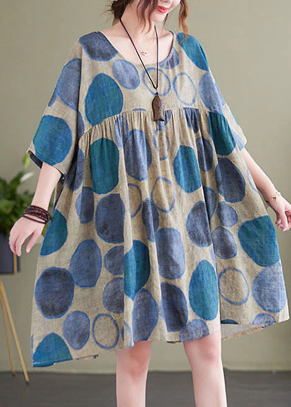 Colorblocked Round Neck Patchwork Cotton Short Sleeve Dress