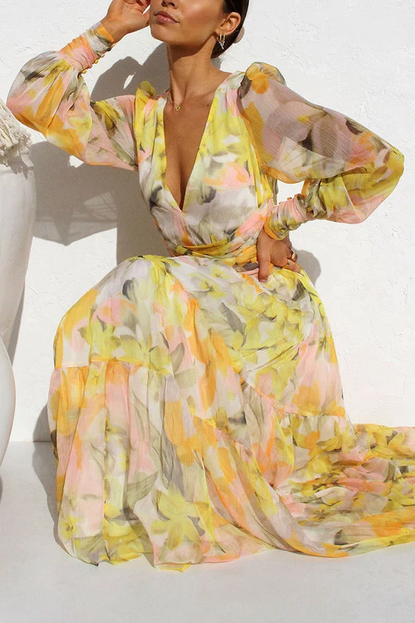 Elegant Abstract Floral Lantern Sleeve Extra Long Dress