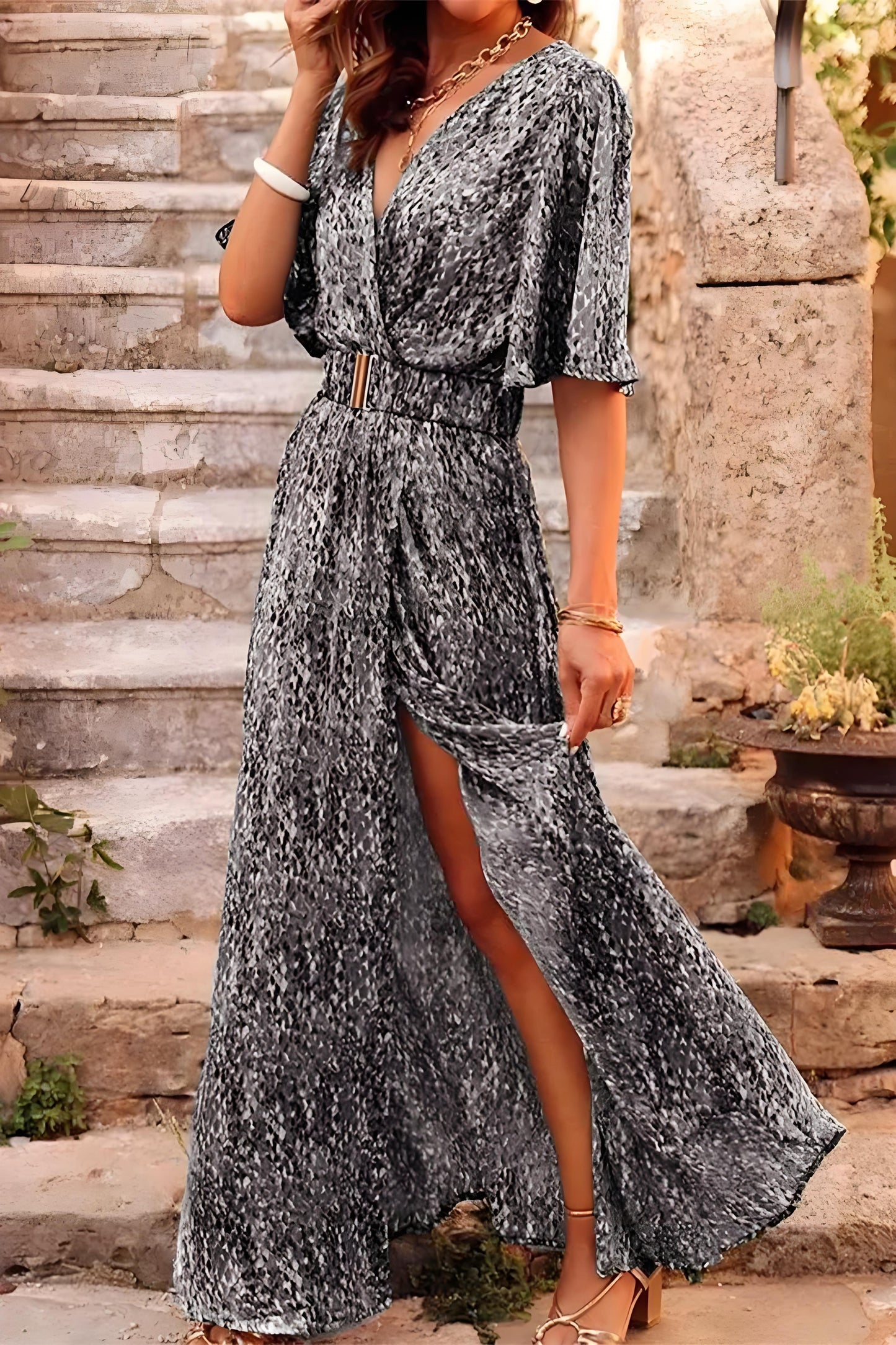 Women's Boho Floral Patchwork V-Neck Dress