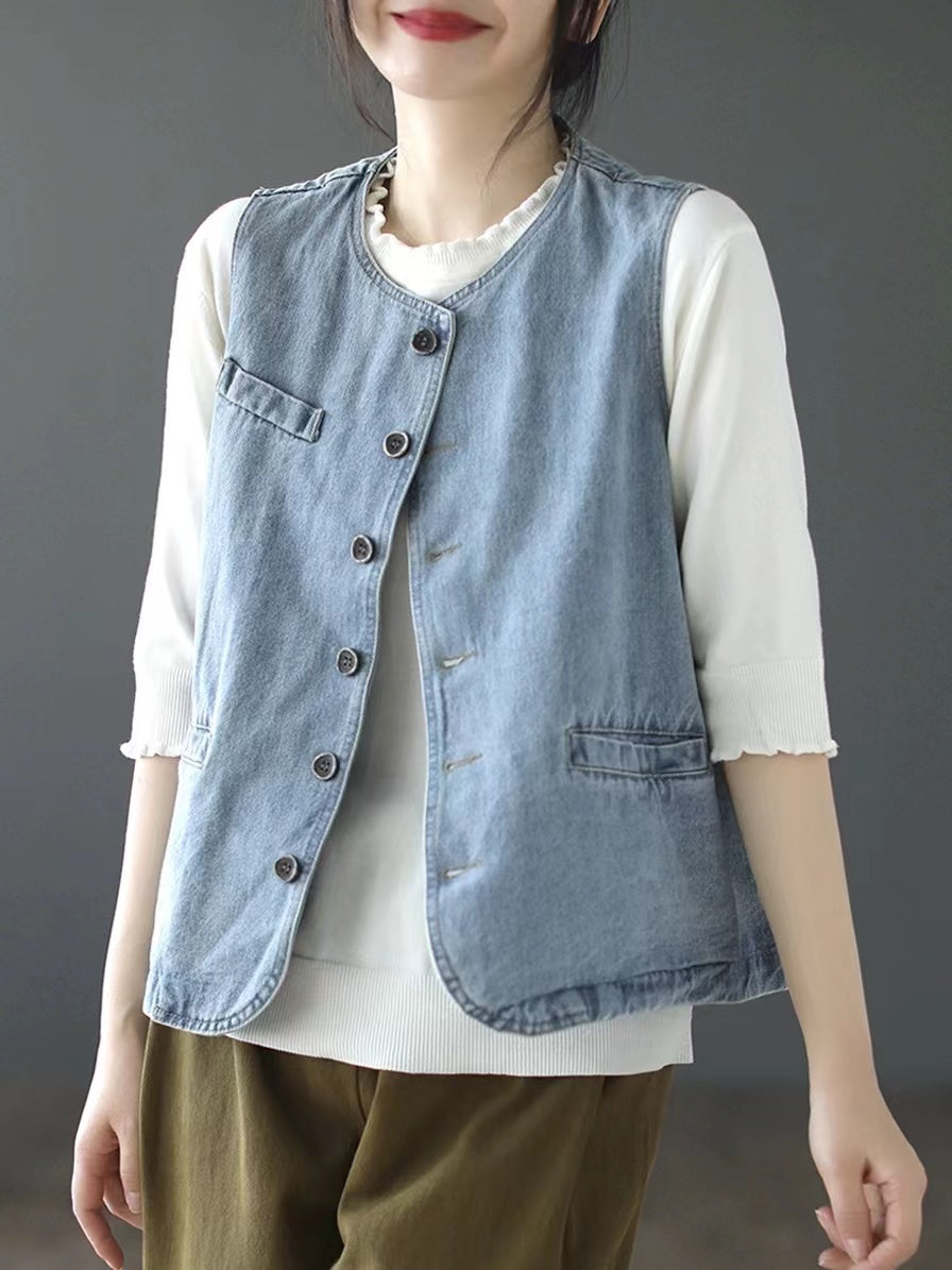 Pocket Short Patchwork Denim Vest Sleeveless