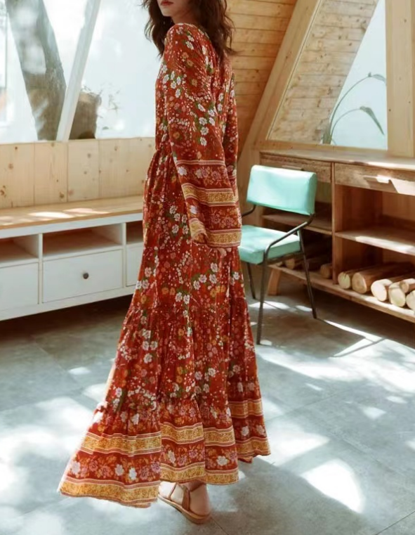 Bohemian V-Neck Printed Long Sleeve Long Dresses