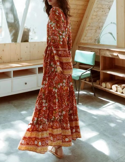 Bohemian V-Neck Printed Long Sleeve Long Dresses