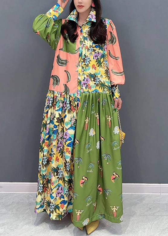 Fashion Colorblock Printed Cotton Shirt Long Sleeve Dress